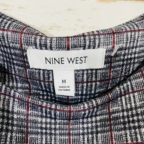 Nine West women's round neck long sleeve gray white check dress size M - Picture 2 of 7